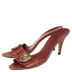 Gucci Brown Leather Crest Slide Sandals Size 41
