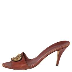 Gucci Brown Leather Crest Slide Sandals Size 41