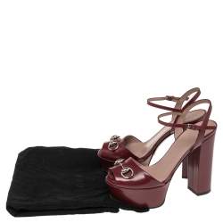 Pre Owned Gucci Burgundy Leather Claudie Horsebit Peep Toe Platform Sandals Size 35.5