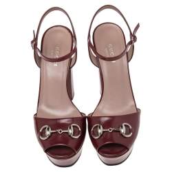 Pre Owned Gucci Burgundy Leather Claudie Horsebit Peep Toe Platform Sandals Size 35.5