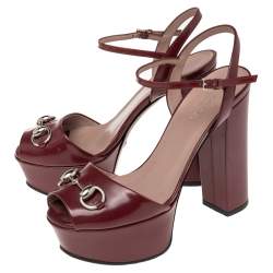 Pre Owned Gucci Burgundy Leather Claudie Horsebit Peep Toe Platform Sandals Size 35.5