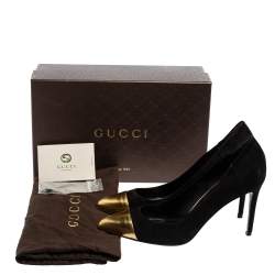 Gucci Black Suede Gold Cap Toe Pointed Pumps Size 39