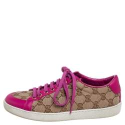 Gucci Beige/Pink Leather And GG Supreme Canvas Low Top Sneakers Size 35