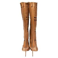 Gucci Beige Woven Leather Peep Toe Knee Length Boots Size 40