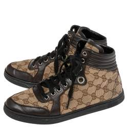 مملوكة مسبقًا Gucci Brown/Beige GG Canvas and Leather Lace Up High Top Sneakers Size 37
