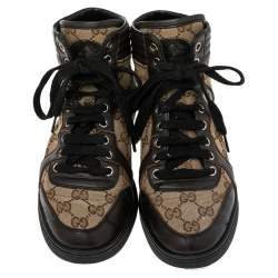 مملوكة مسبقًا Gucci Brown/Beige GG Canvas and Leather Lace Up High Top Sneakers Size 37