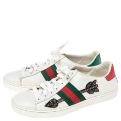 مملوكة مسبقًا Gucci White Leather Ace Arrow Crystals Embellished Low Top Sneakers Size 36.5