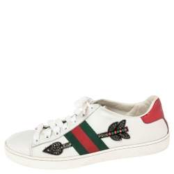 مملوكة مسبقًا Gucci White Leather Ace Arrow Crystals Embellished Low Top Sneakers Size 36.5