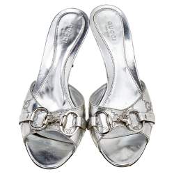Pre Owned Gucci Silver Guccissima Leather Horsebit Slide Sandals Size 36