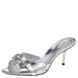 Pre Owned Gucci Silver Guccissima Leather Horsebit Slide Sandals Size 36
