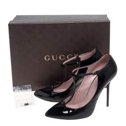 Pre Owned Gucci Black Patent Leather Pointed Toe T-Strap Pumps Size 39.5