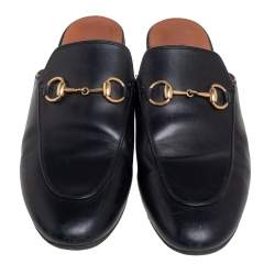 Pre Owned Gucci Black Leather Princetown Horsebit Mules Size 36.5
