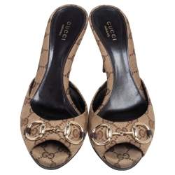 مملوكة مسبقًا صندل سلايد غوتشي هورسبيت كانفاس �جي جي بيج مقاس 38.5