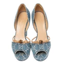 Pre Owned Gucci Blue GG Canvas Bamboo Peep Toe D'orsay Wedge Sandals Size 39