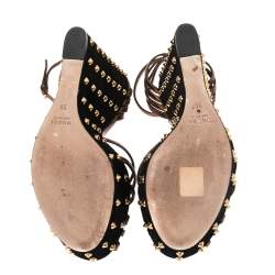 Pre Owned Gucci Bronze Leather And Black Suede Studded Wedge Platform Sandals Size 39