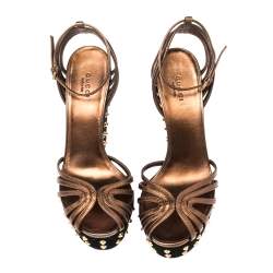 Pre Owned Gucci Bronze Leather And Black Suede Studded Wedge Platform Sandals Size 39