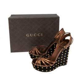 Pre Owned Gucci Bronze Leather And Black Suede Studded Wedge Platform Sandals Size 39