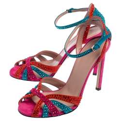 Pre Owned Gucci Multicolor Suede Crystal Embellished Ankle Strap Sandals Size 38