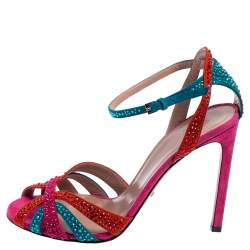 Pre Owned Gucci Multicolor Suede Crystal Embellished Ankle Strap Sandals Size 38
