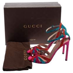 Pre Owned Gucci Multicolor Suede Crystal Embellished Ankle Strap Sandals Size 38