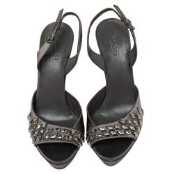 Pre Owned صندل غوتشي سير خلفي مزخرف كريستال ساتان رمادي داكن مقاس 35.5