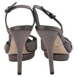Pre Owned صندل غوتشي سير خلفي مزخرف كريستال ساتان رمادي داكن مقاس 35.5