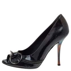 Pre Owned Gucci Black Patent Leather Horsebit Peep Toe Pumps Size 38