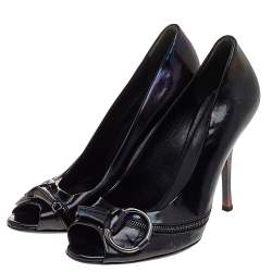 Pre Owned Gucci Black Patent Leather Horsebit Peep Toe Pumps Size 38