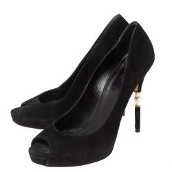 Gucci Black Suede Crystal Embellished Heel Peep Toe Pumps Size 39