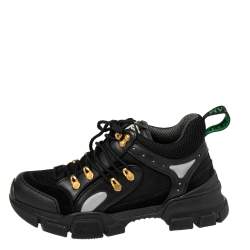 Pre Owned حذاء رياضي غوتشي فلاش تريك شبك وجلد أسود عنق منخفض مقاس 38