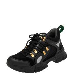 Pre Owned حذاء رياضي غوتشي فلاش تريك شبك وجلد أسود عنق منخفض مقاس 38