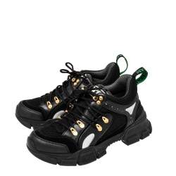 Pre Owned حذاء رياضي غوتشي فلاش تريك شبك وجلد أسود عنق منخفض مقاس 38