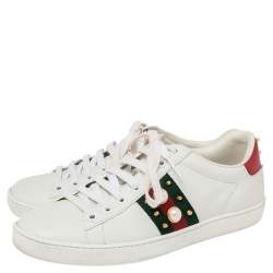 مملوكة مسبقًا Gucci White Leather New Ace Web Faux Pearl Embellished Low Top Sneakers Size 36.5