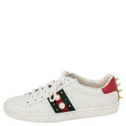 مملوكة مسبقًا Gucci White Leather New Ace Web Faux Pearl Embellished Low Top Sneakers Size 36.5