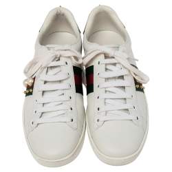 مملوكة مسبقًا Gucci White Leather New Ace Web Faux Pearl Embellished Low Top Sneakers Size 36.5