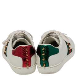 مملوكة مسبقًا Gucci White Leather New Ace Web Faux Pearl Embellished Low Top Sneakers Size 36.5