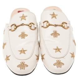 Pre Owned Gucci White Star And Bee Embroidered Leather Princetown Horsebti Mules Size 38.5