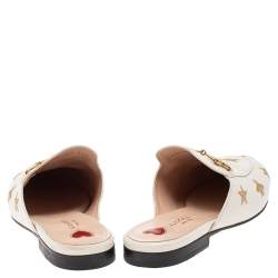 Pre Owned Gucci White Star And Bee Embroidered Leather Princetown Horsebti Mules Size 38.5