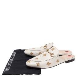 Pre Owned Gucci White Star And Bee Embroidered Leather Princetown Horsebti Mules Size 38.5