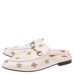 Pre Owned Gucci White Star And Bee Embroidered Leather Princetown Horsebti Mules Size 38.5