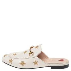 Pre Owned Gucci White Star And Bee Embroidered Leather Princetown Horsebti Mules Size 38.5