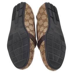 Pre Owned Gucci Beige/Brown GG Canvas And Leather Trim Slip On Loafers Size 38.5