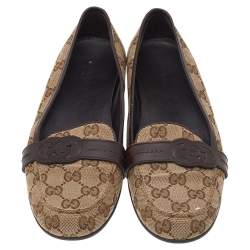 Pre Owned Gucci Beige/Brown GG Canvas And Leather Trim Slip On Loafers Size 38.5
