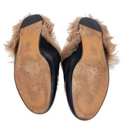 مملوكة مسبقًا صندل سلايد غوتشي برينستاون هورسبيت فرو وجلد أسود مطرز بشكل نمر مقاس 39