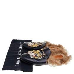 مملوكة مسبقًا صندل سلايد غوتشي برينستاون هورسبيت فرو وجلد أسود مطرز بشكل نمر مقاس 39