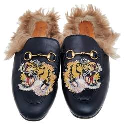 مملوكة مسبقًا صندل سلايد غوتشي برينستاون هورسبيت فرو وجلد أسود مطرز بشكل نمر مقاس 39