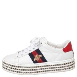 Pre Owned Gucci White Leather And Bee Web Detail New Ace Crystal Embellished Platform Sneakers Size 35
