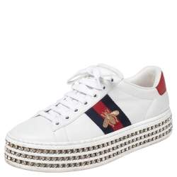 Pre Owned Gucci White Leather And Bee Web Detail New Ace Crystal Embellished Platform Sneakers Size 35