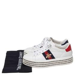 Pre Owned Gucci White Leather And Bee Web Detail New Ace Crystal Embellished Platform Sneakers Size 35