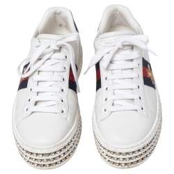 Pre Owned Gucci White Leather And Bee Web Detail New Ace Crystal Embellished Platform Sneakers Size 35